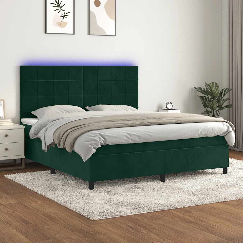 Cama box spring c/ colchão/LED 160x200 cm veludo verde-escuro