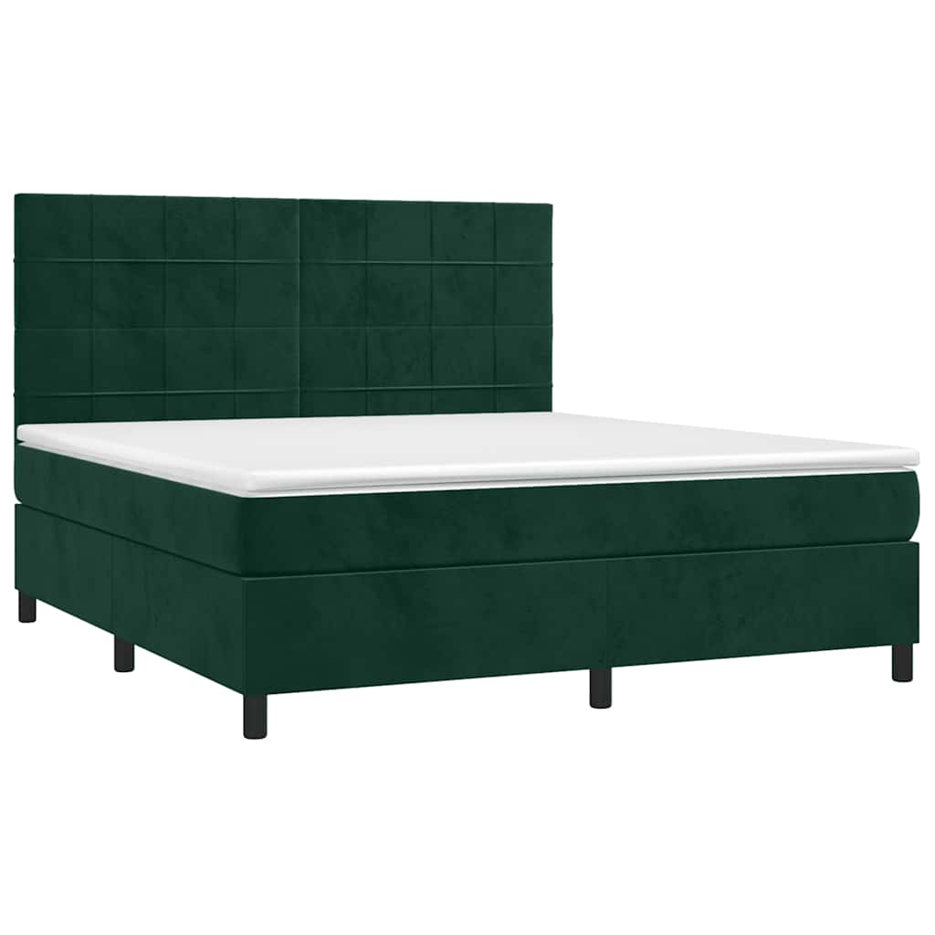 Cama box spring c/ colchão/LED 160x200 cm veludo verde-escuro