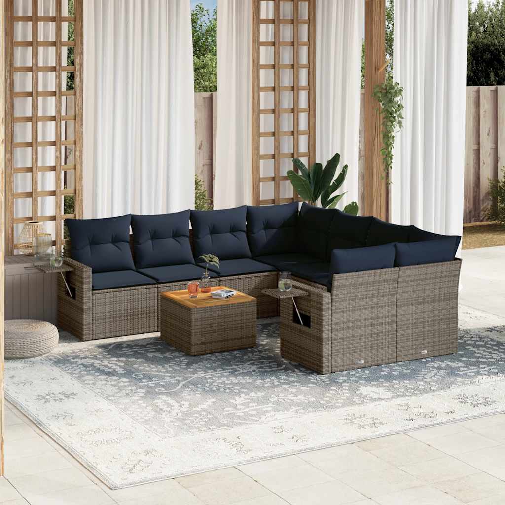 Conjunto de sofá de jardim de 9 peças com almofadas em rattan sintético cinza