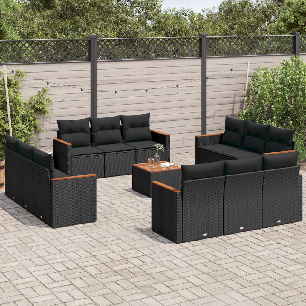 13 Pcs conjunto de sofás de jardim com almofadões vime PE preto