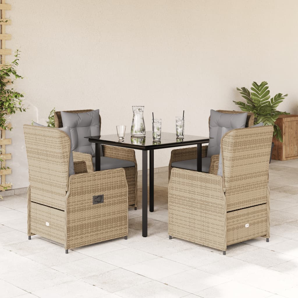 5 Pcs conjunto de jantar p/ jardim com almofadões vime PE bege