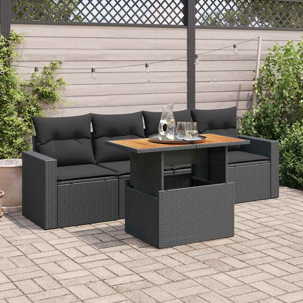 5 Pcs conjunto sofás de jardim com almofadões vime PE preto