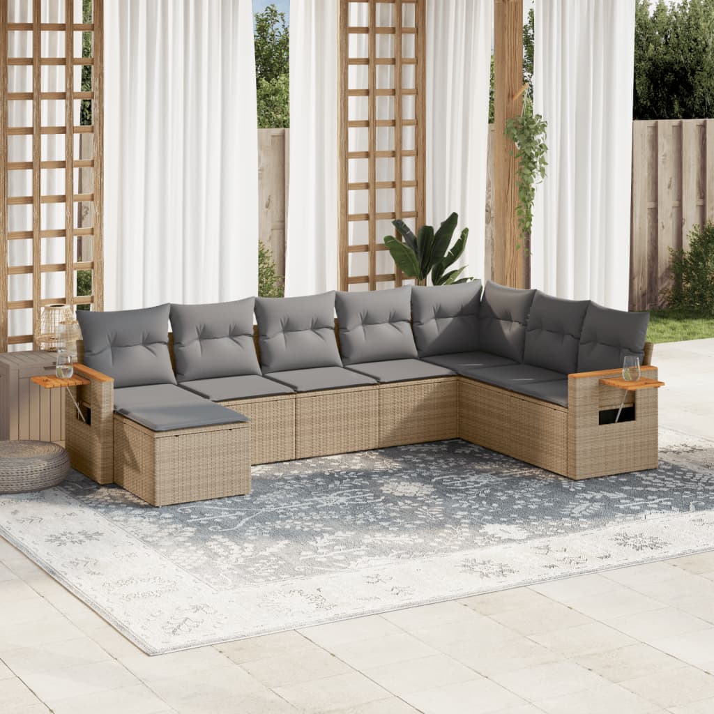 8 Pcs conjunto de sofás p/ jardim com almofadões vime PE bege