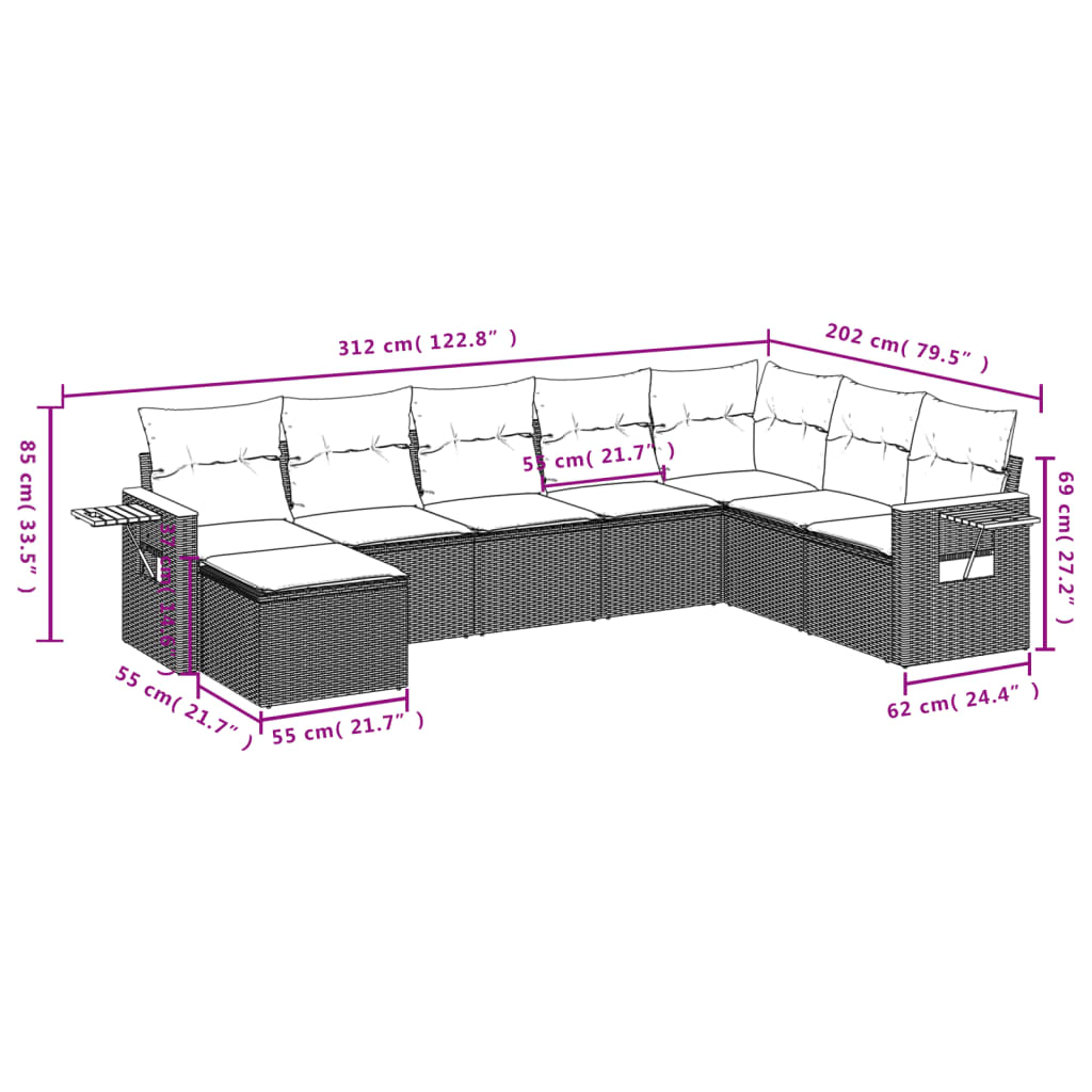 8 Pcs conjunto de sofás p/ jardim com almofadões vime PE bege