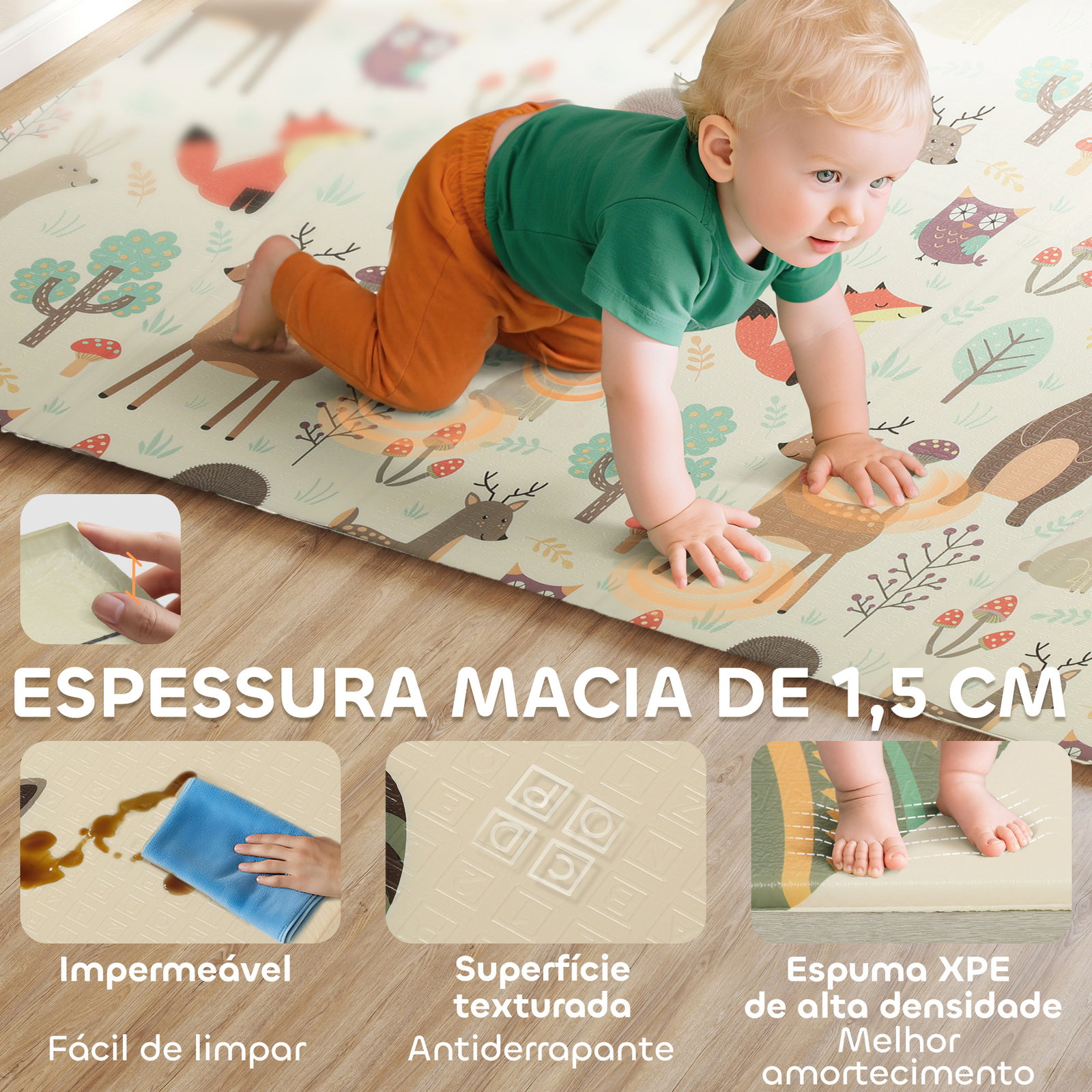 Tapete de atividades para bebé dobrável e reversível 196x176 cm tapete de brincar para bebé xpe dupla face impermeável multicolor