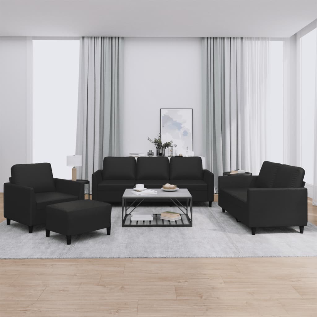 4 Pcs conjunto de sofás com almofadões couro artificial preto