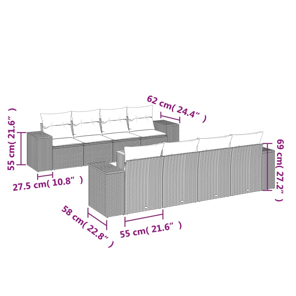 9 Pcs conjunto de sofás p/ jardim c/ almofadões vime PE preto
