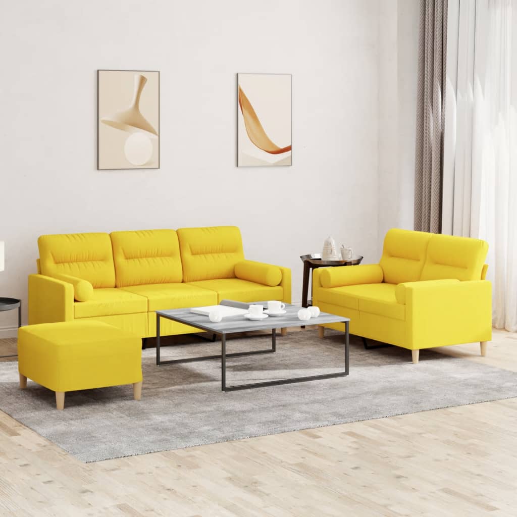 3 Pcs conjunto de sofás com almofadas tecido amarelo-claro