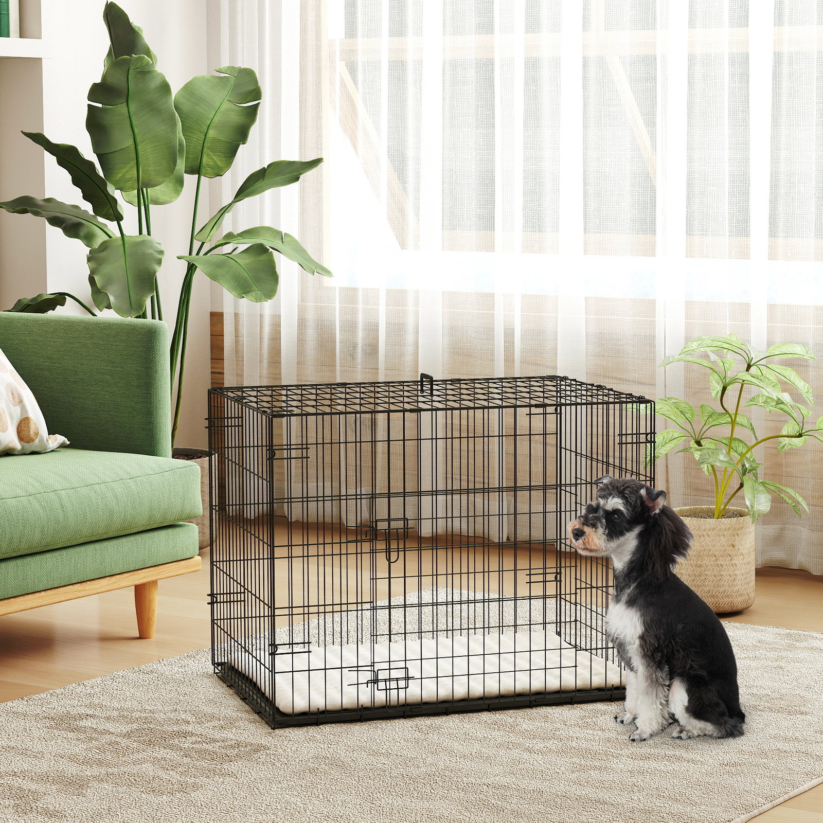 Gaiola dobrável para cães pequenos com almofada portas bandeja removível e estrutura metálica 75x48,5x53 cm preto e bege