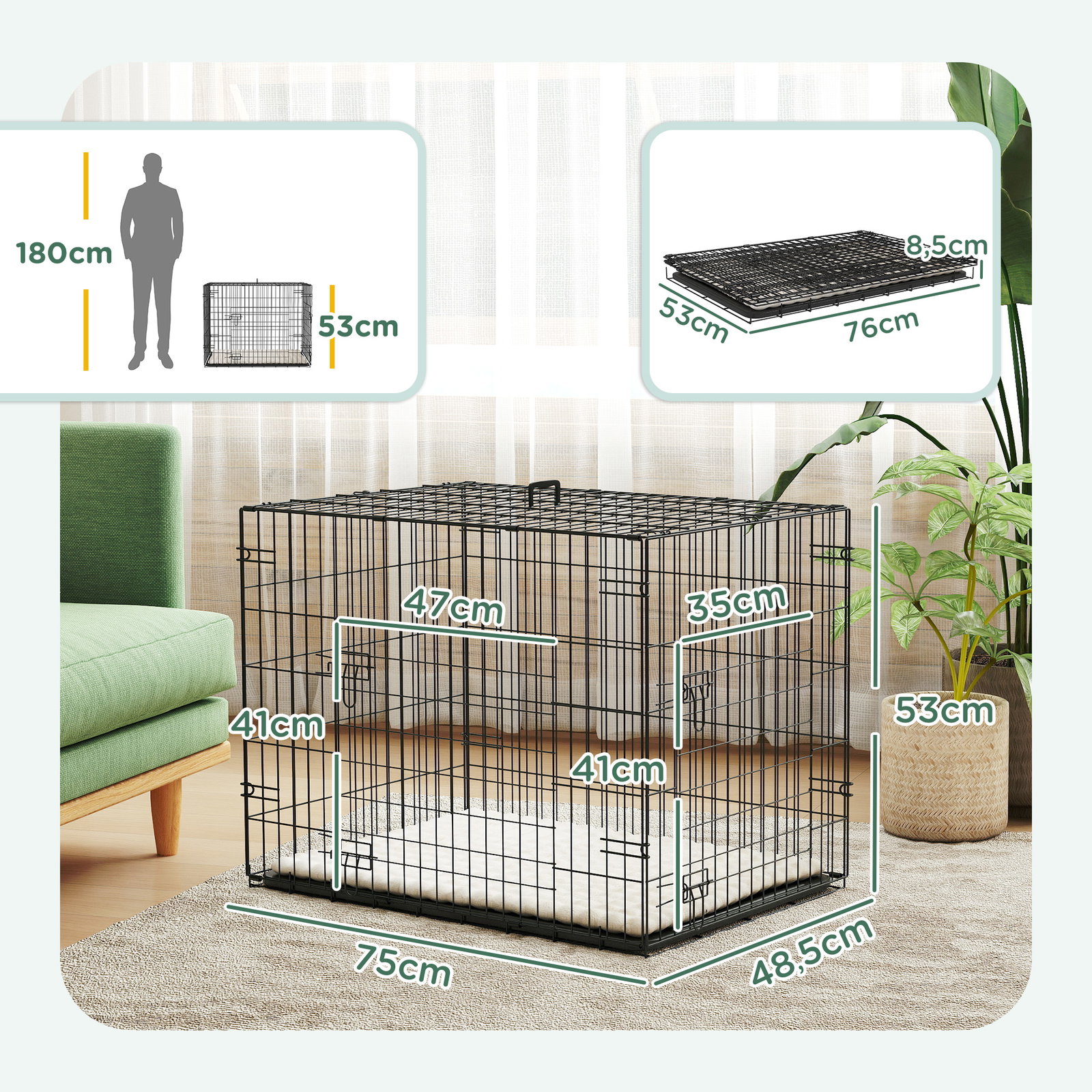 Gaiola dobrável para cães pequenos com almofada portas bandeja removível e estrutura metálica 75x48,5x53 cm preto e bege