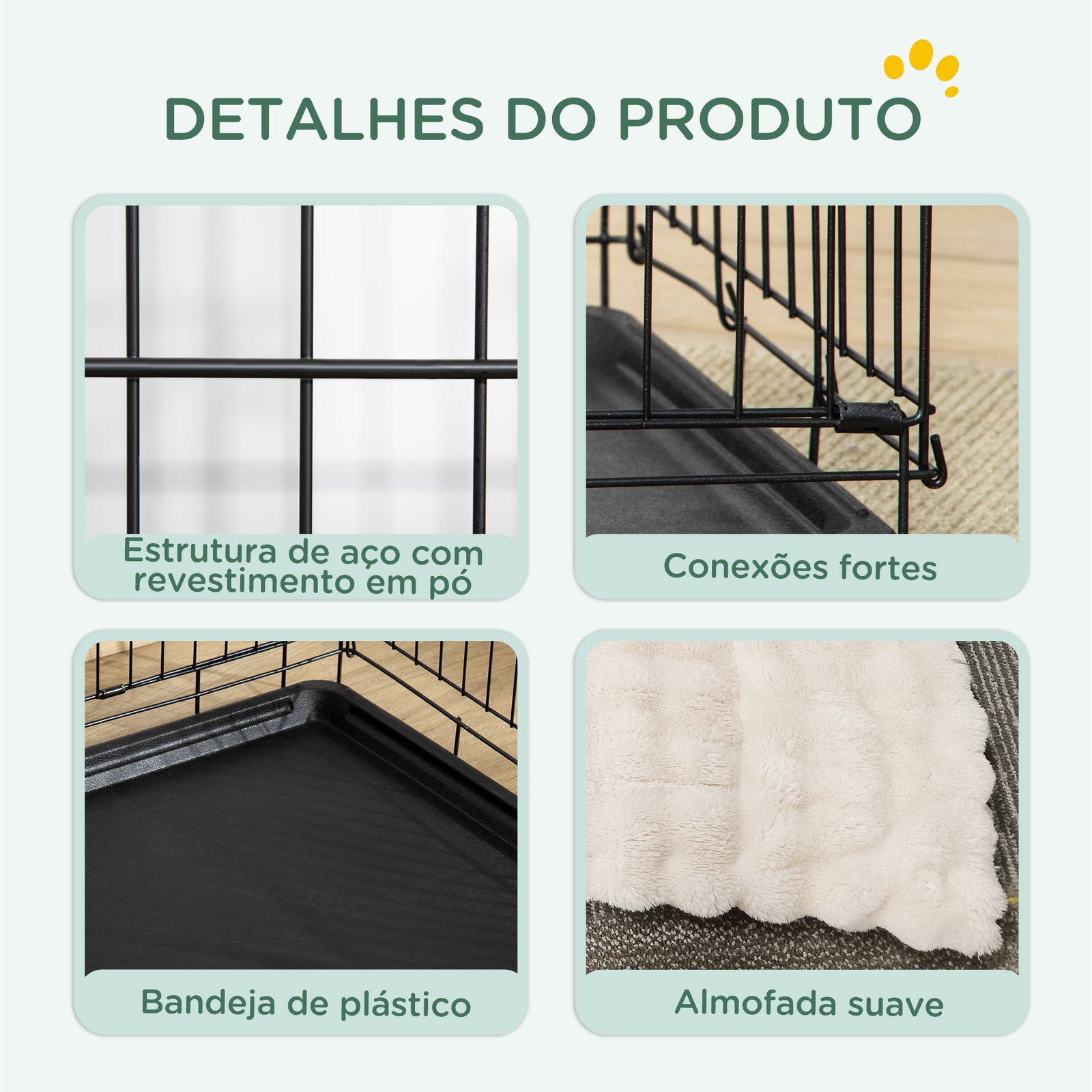 Gaiola dobrável para cães pequenos com almofada portas bandeja removível e estrutura metálica 75x48,5x53 cm preto e bege