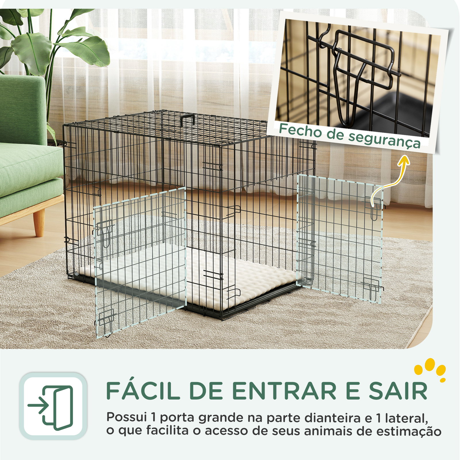 Gaiola dobrável para cães pequenos com almofada portas bandeja removível e estrutura metálica 75x48,5x53 cm preto e bege