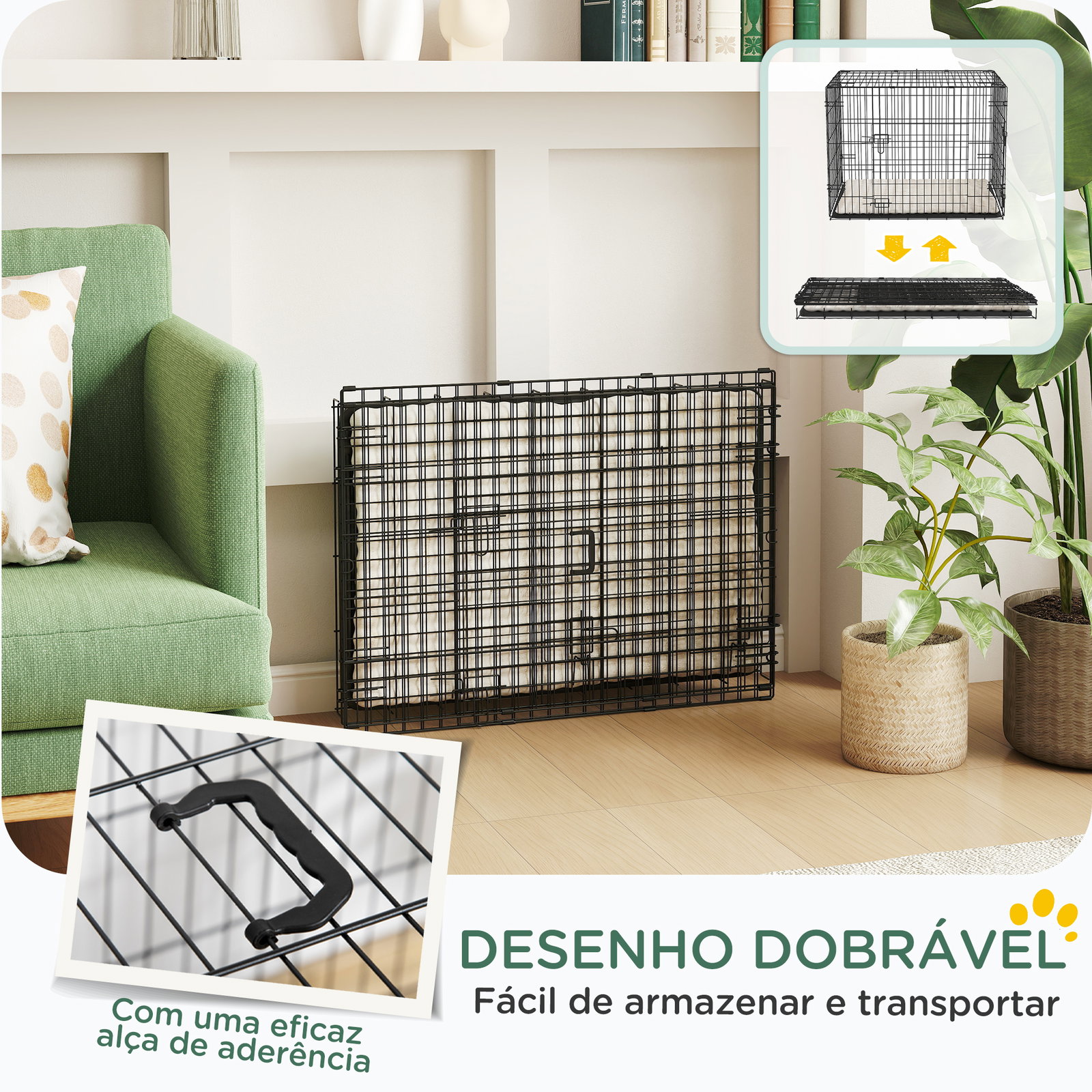 Gaiola dobrável para cães pequenos com almofada portas bandeja removível e estrutura metálica 75x48,5x53 cm preto e bege
