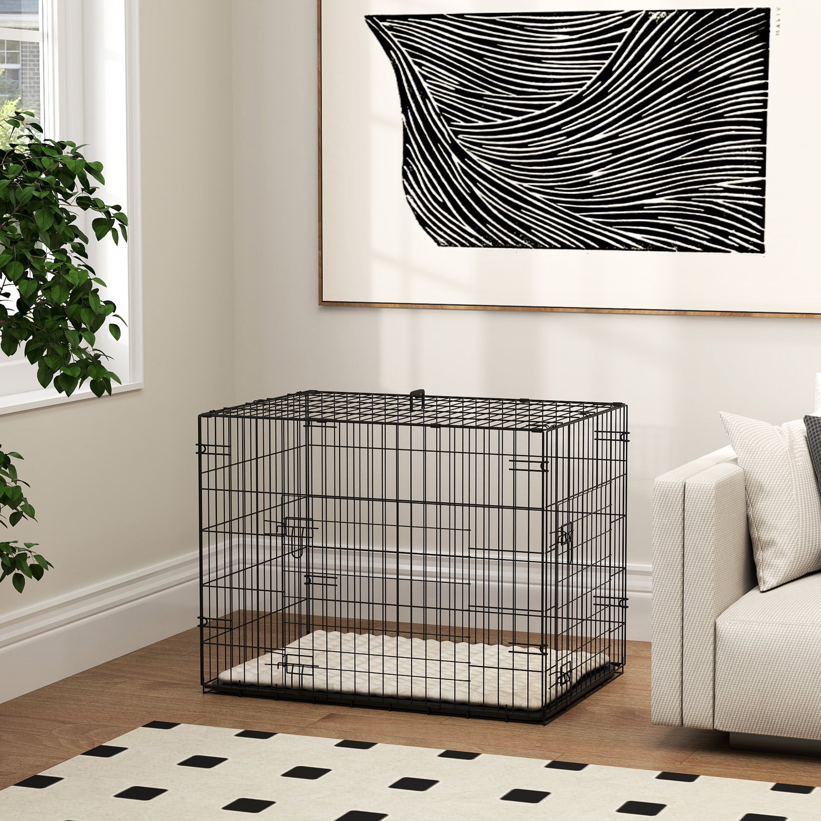 Gaiola dobrável para cães pequenos com almofada portas bandeja removível e estrutura metálica 75x48,5x53 cm preto e bege