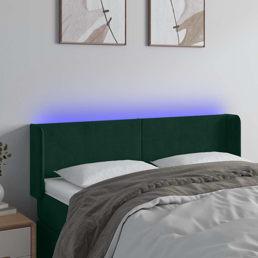Cabeceira cama c/ luzes LED veludo 147x16x78/88 cm verde-escuro