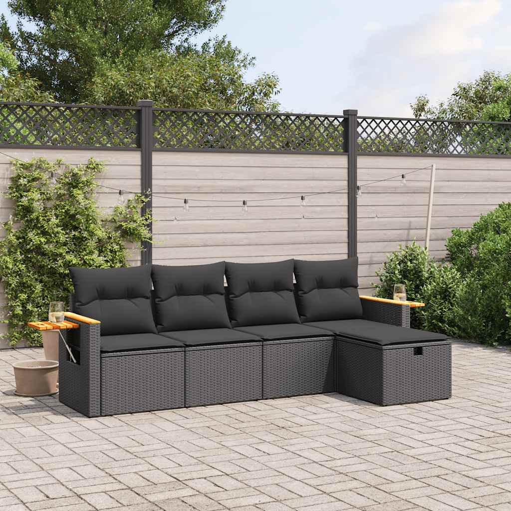 5 Pcs conjunto sofás de jardim com almofadões vime PE preto