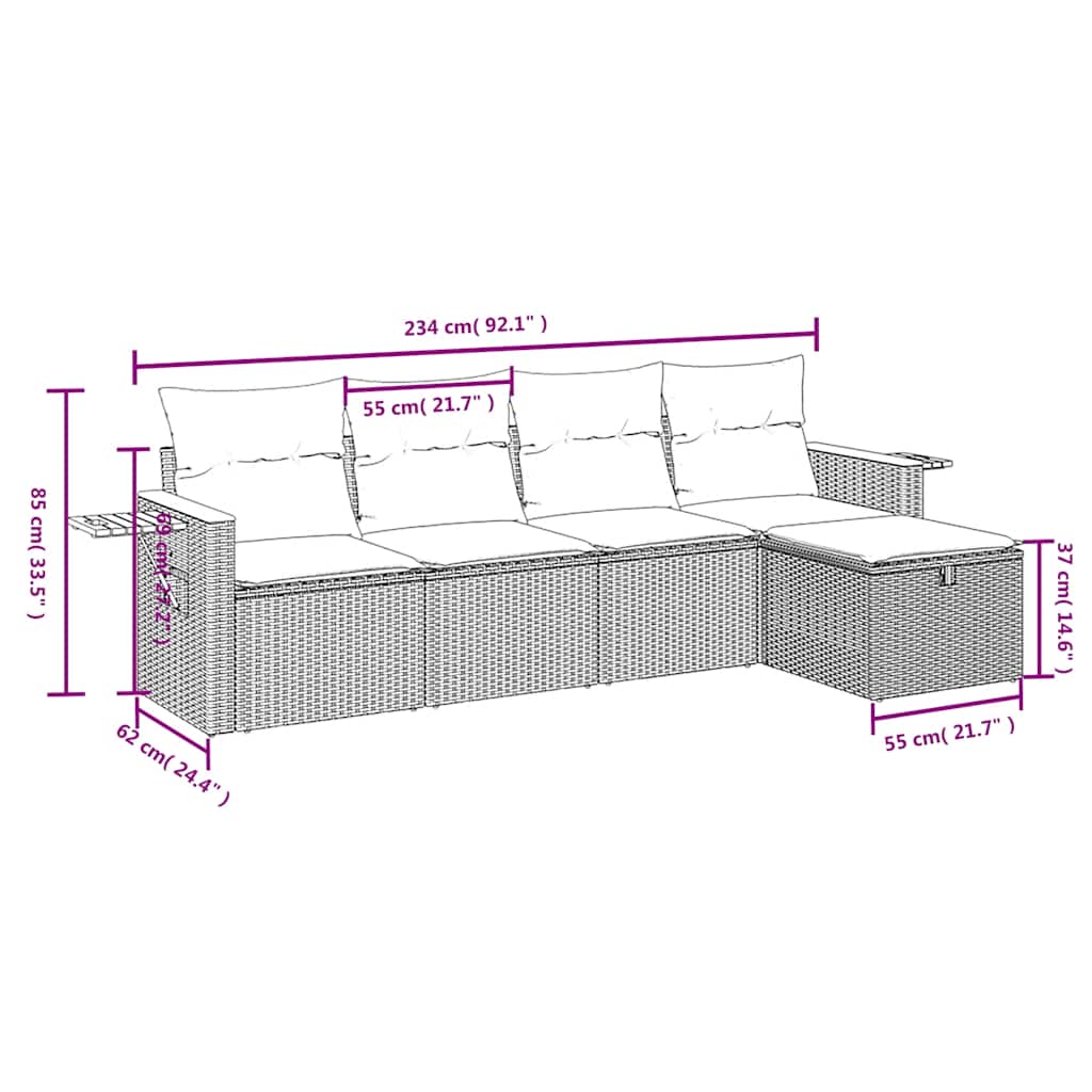 5 Pcs conjunto sofás de jardim com almofadões vime PE preto