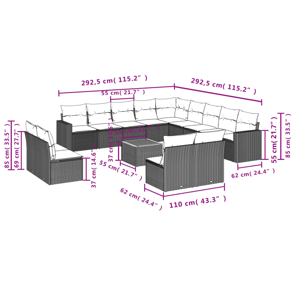 14 Pcs conjunto de sofás p/ jardim com almofadões vime PE bege