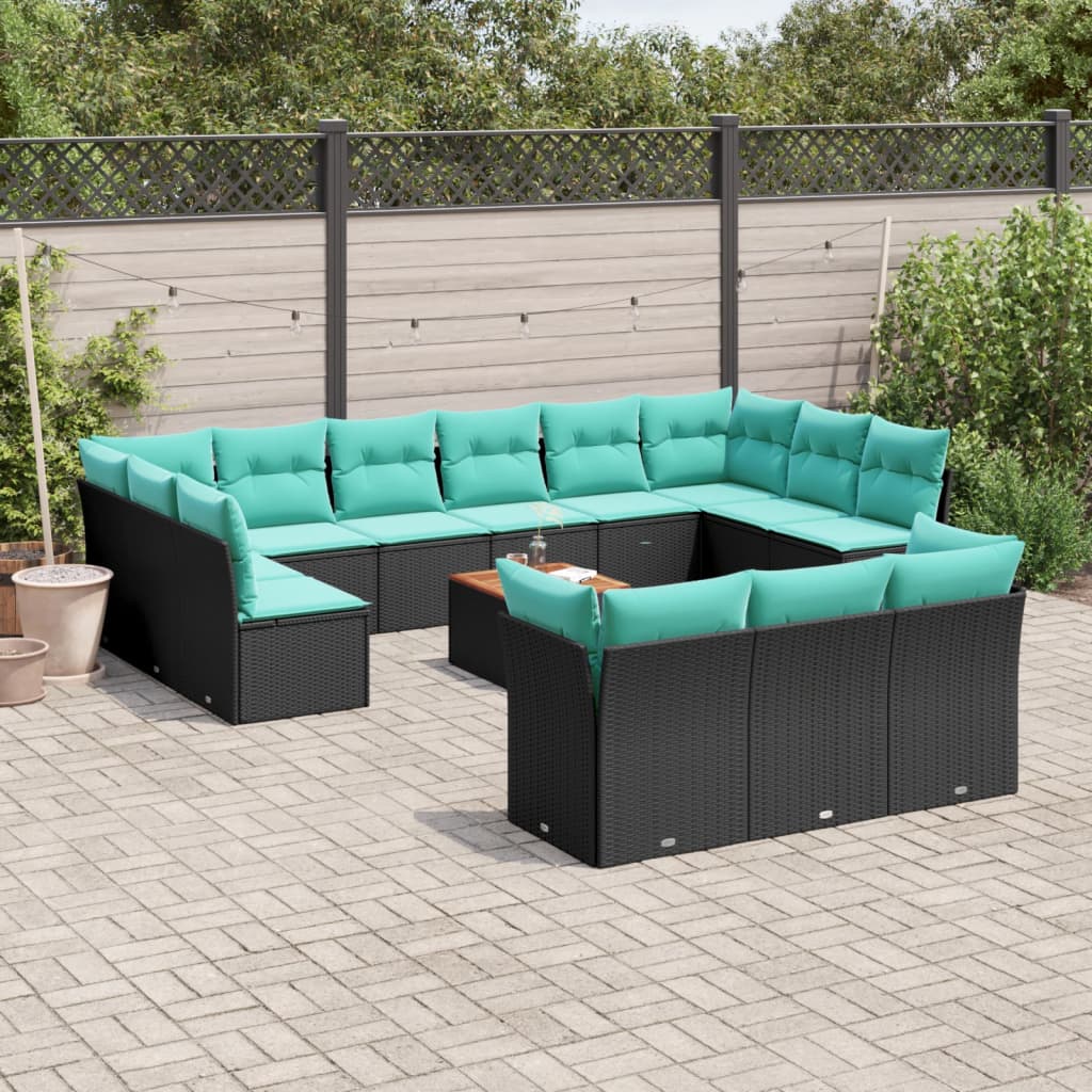 14 Pcs conjunto de sofás p/ jardim c/ almofadões vime PE preto