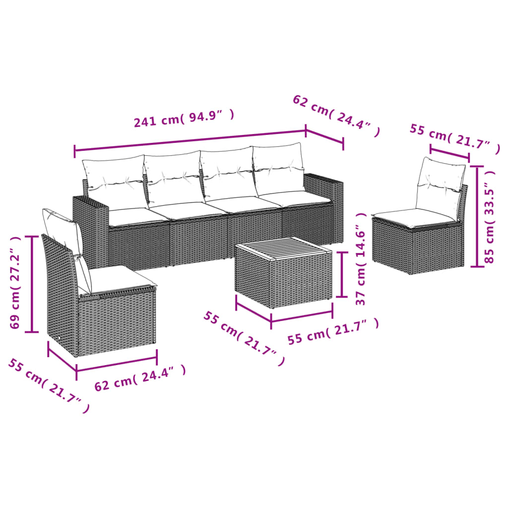 7 Pcs conjunto de sofás p/ jardim c/ almofadões vime PE preto