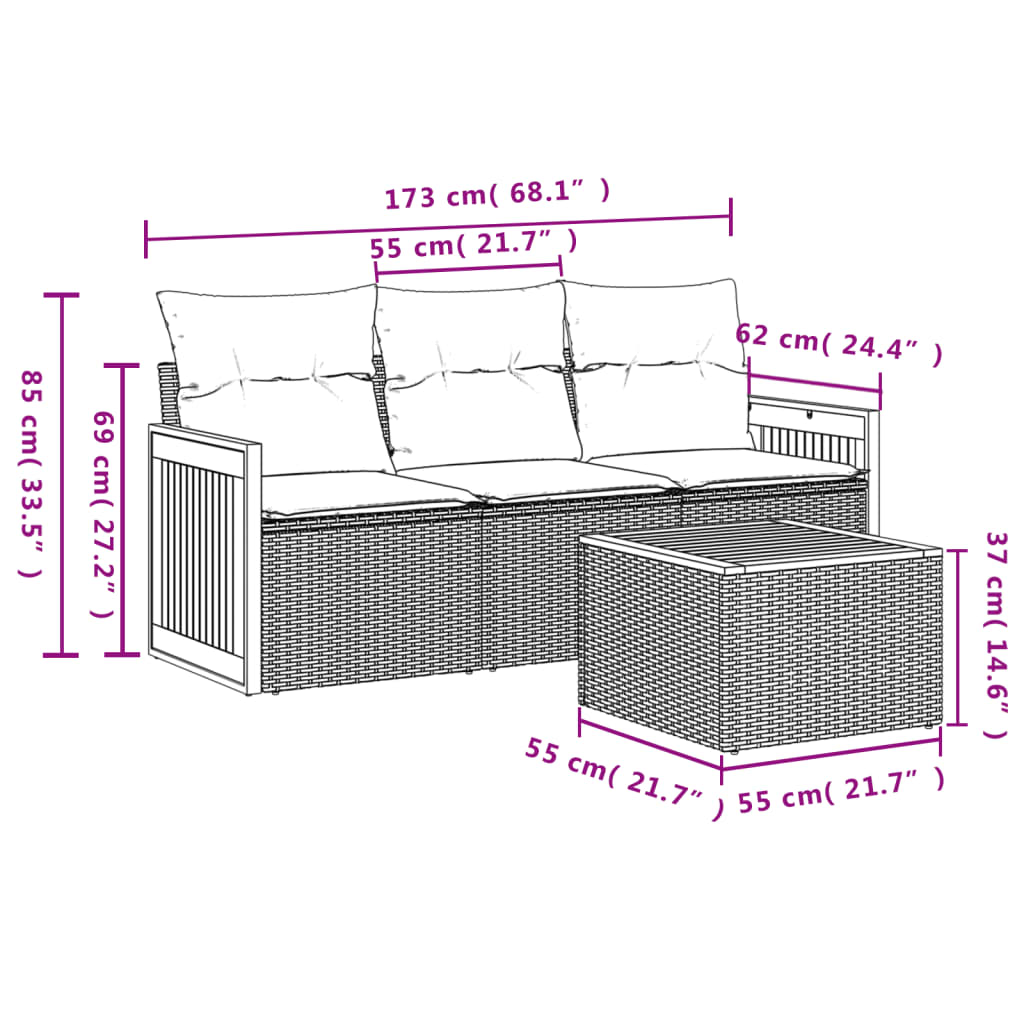 4 Pcs conjunto sofás de jardim c/ almofadões vime PE cinzento