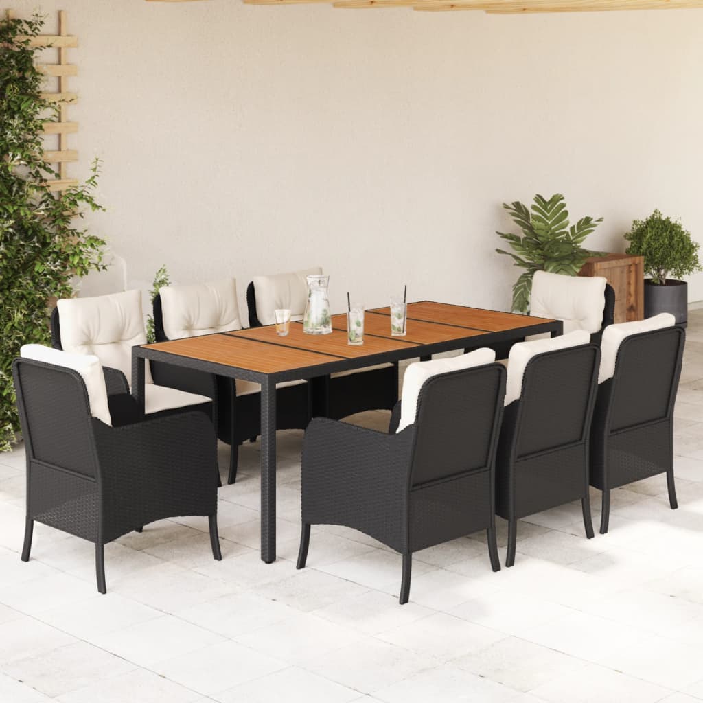 9 Pcs conjunto de jantar p/ jardim c/ almofadões vime PE preto