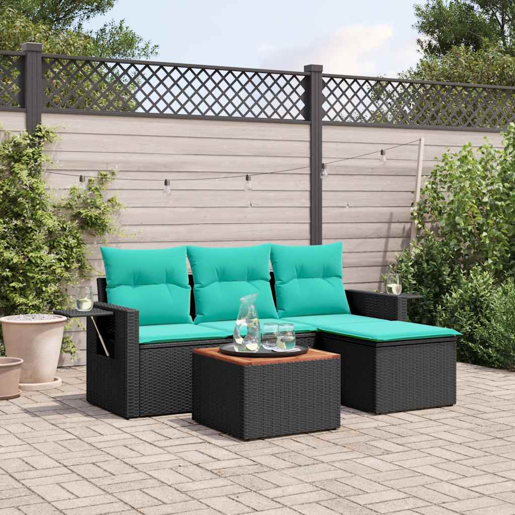 Conjunto de sofá de jardim de 5 peças com almofadas em rattan sintético preto