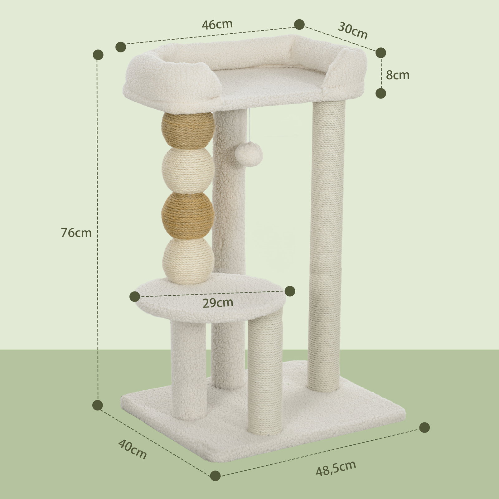Arranhador para gatos arranhador para gatos com estofado em borrego plataformas bola suspensa e poste de juta 48,5x40x76 cm bege