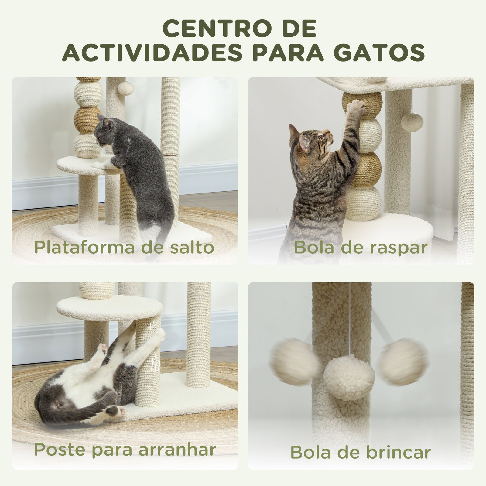 Arranhador para gatos arranhador para gatos com estofado em borrego plataformas bola suspensa e poste de juta 48,5x40x76 cm bege