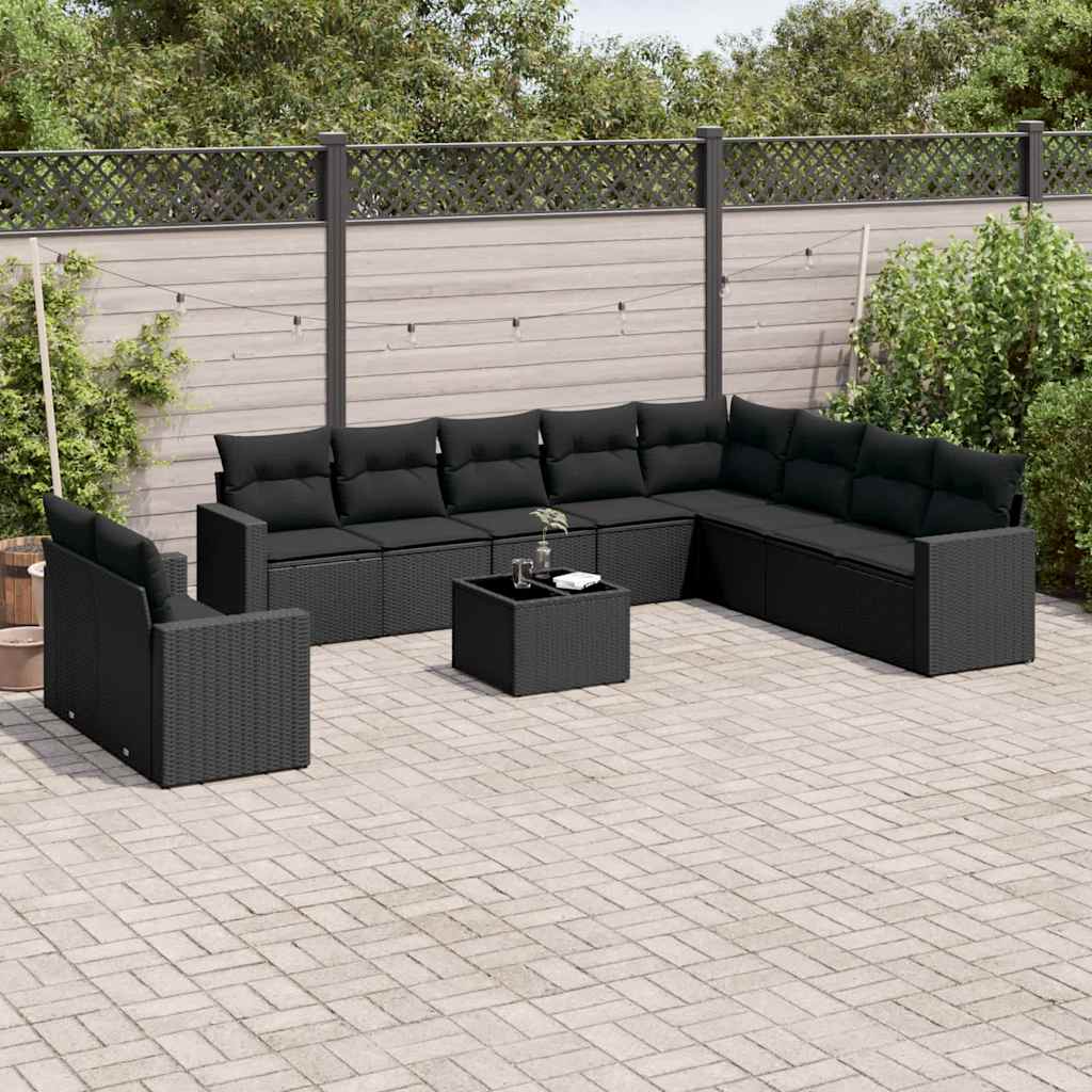 11 Pcs conjunto sofás de jardim c/ almofadões vime PE preto