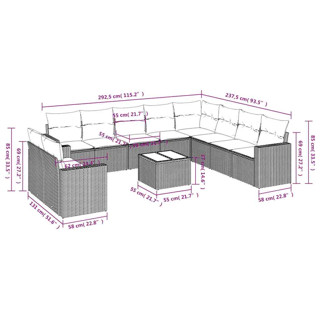 11 Pcs conjunto sofás de jardim c/ almofadões vime PE preto