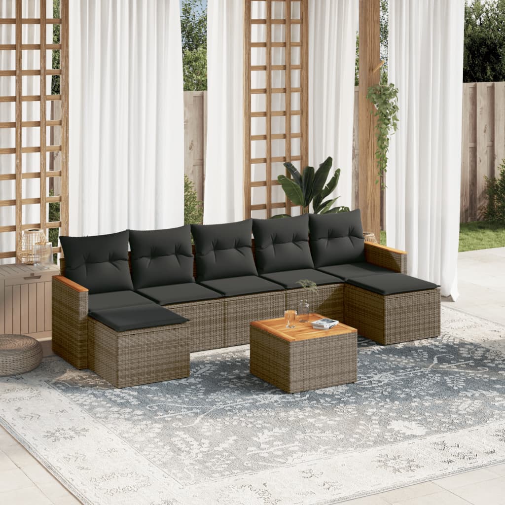 8 Pcs conjunto sofás de jardim c/ almofadões vime PE cinzento