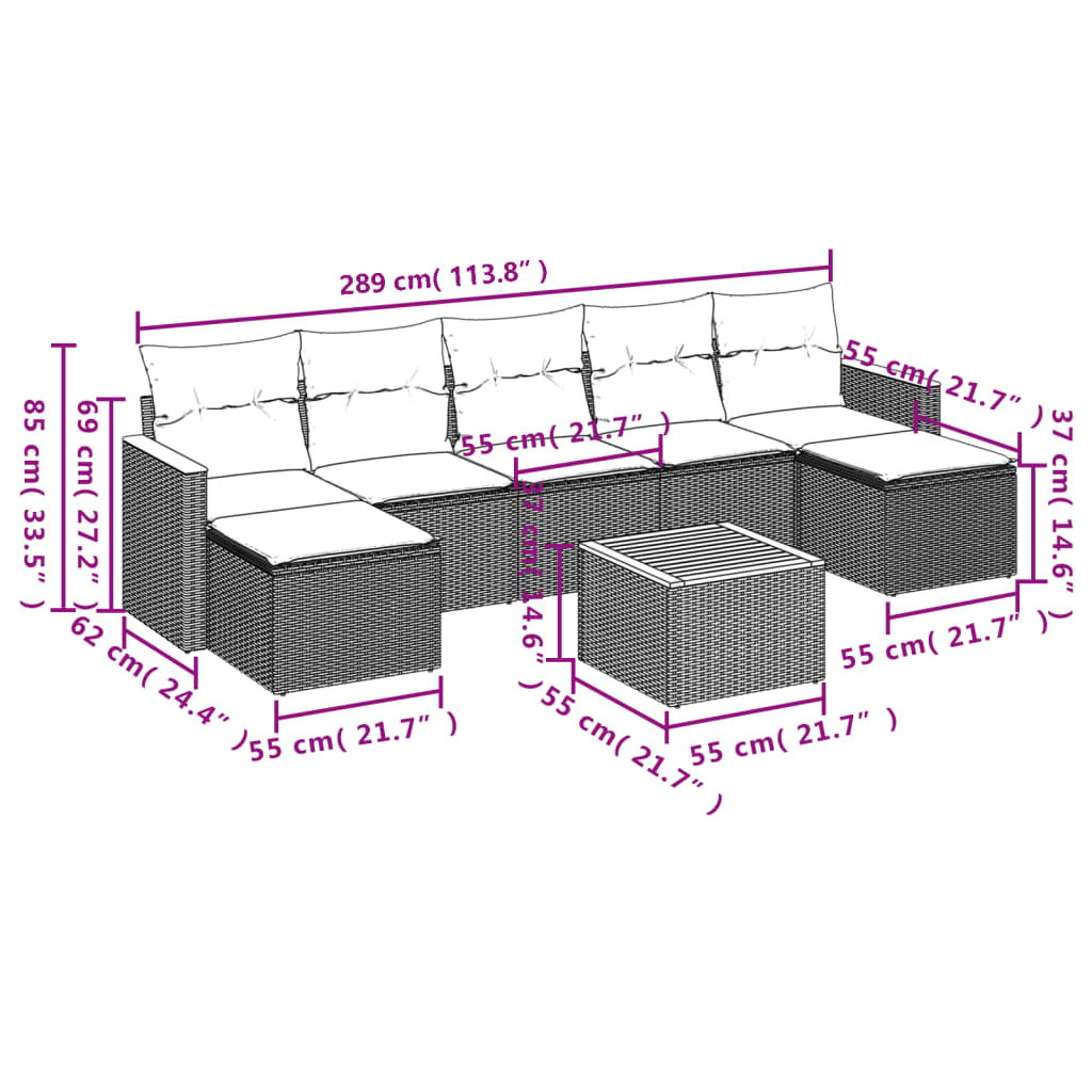 8 Pcs conjunto sofás de jardim c/ almofadões vime PE cinzento