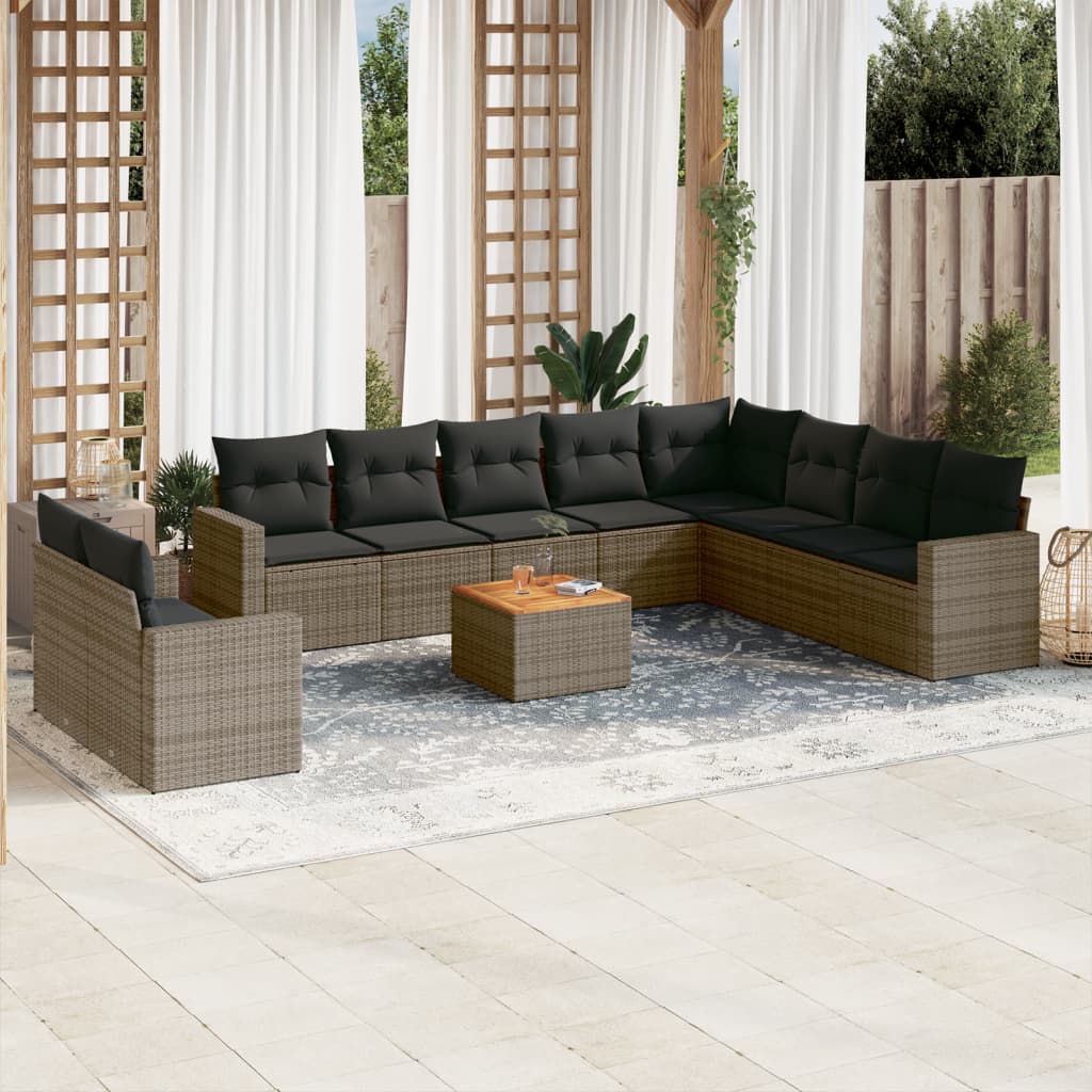 11 Pcs conjunto sofás de jardim c/ almofadões vime PE cinzento