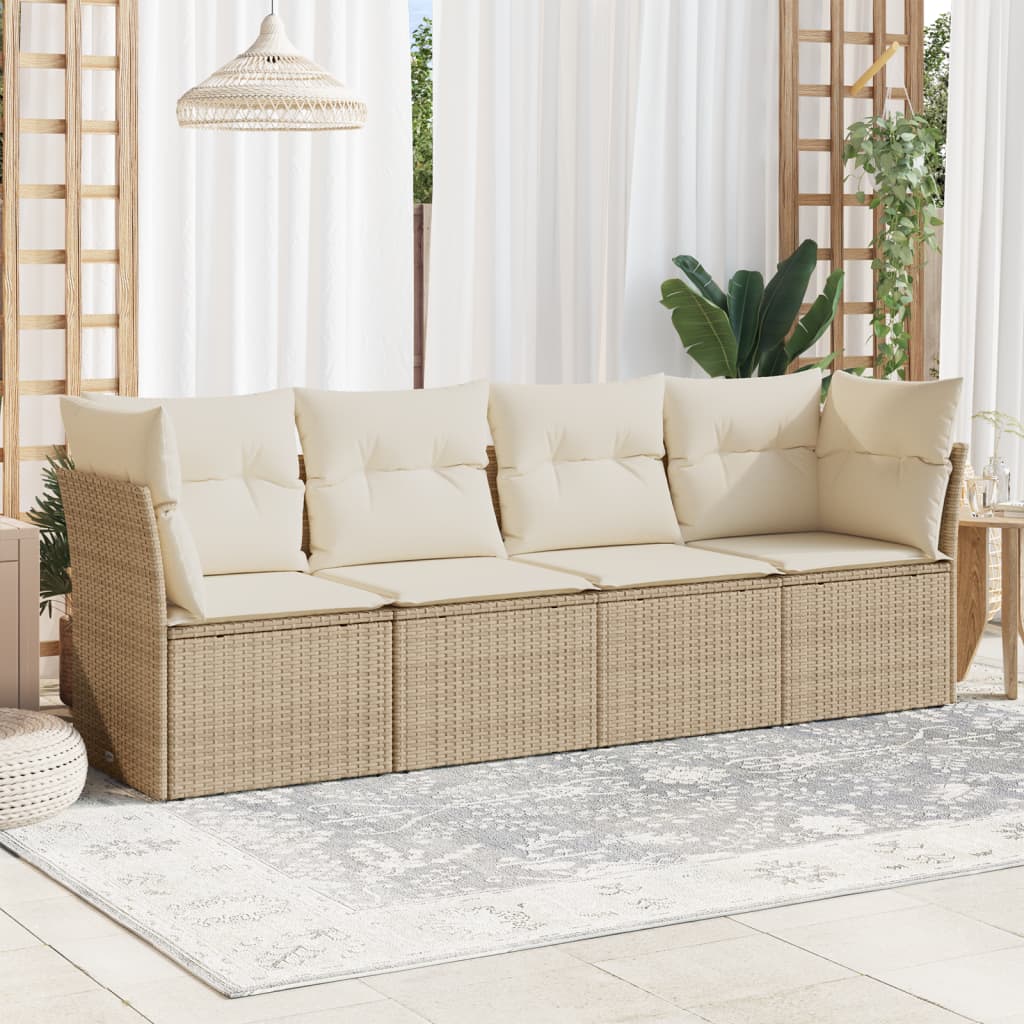 4 Pcs conjunto de sofás para jardim c/ almofadões vime PE bege