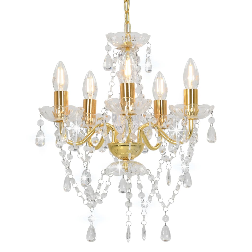 Lustre com contas de cristal redondo 5 x e14 dourado