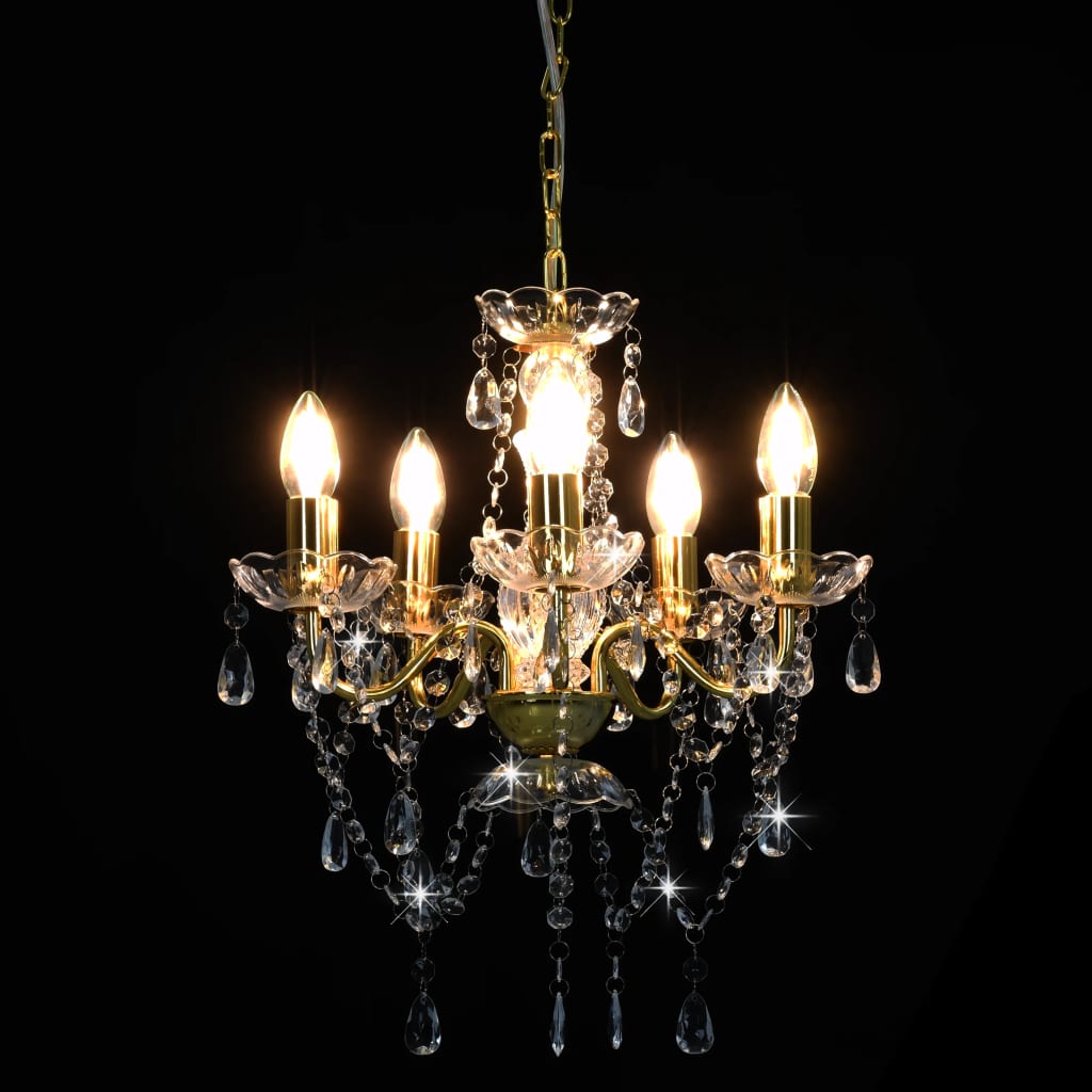 Lustre com contas de cristal redondo 5 x e14 dourado