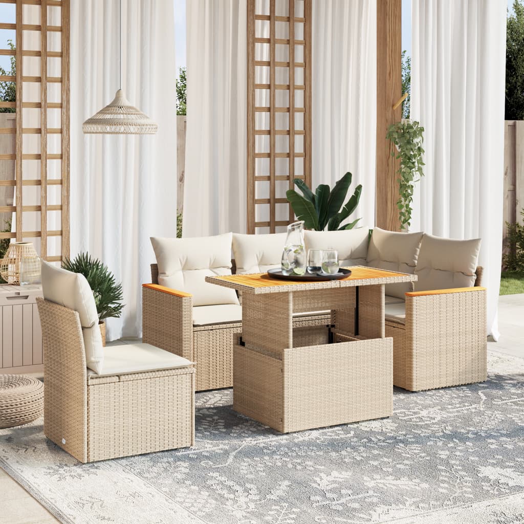 6 Pcs conjunto de sofás p/ jardim com almofadões vime PE bege