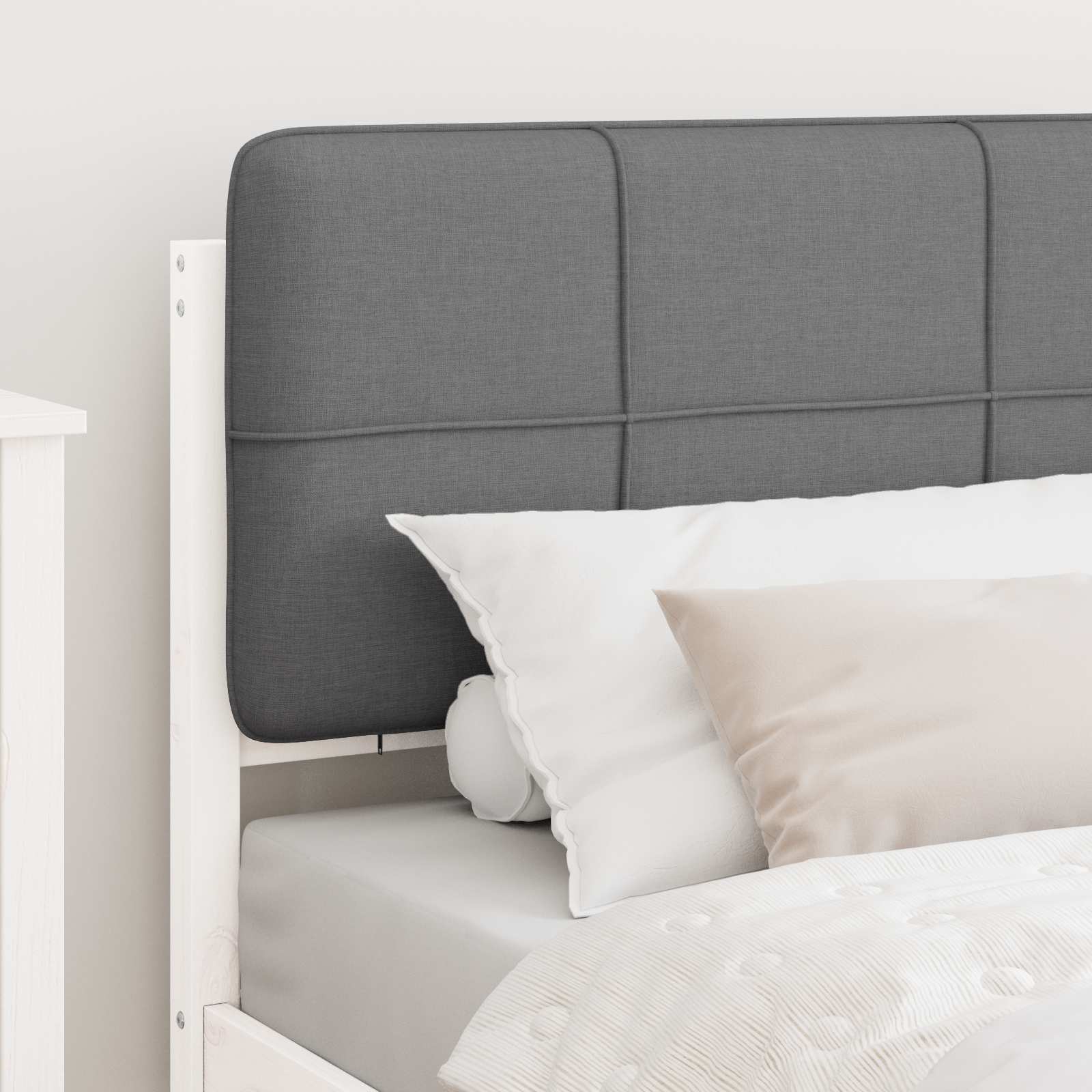 Estrutura de cama com cabeceira estofada cinzento-claro