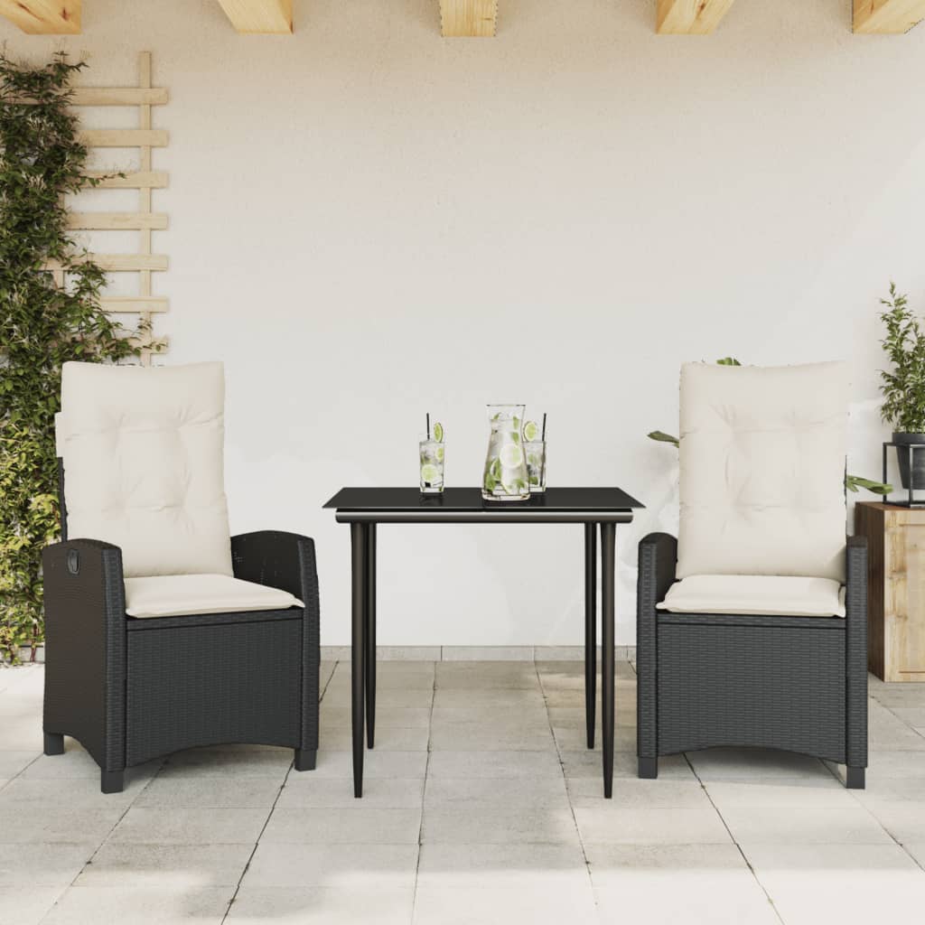 3 Pcs conjunto de jantar p/ jardim c/ almofadões vime PE preto