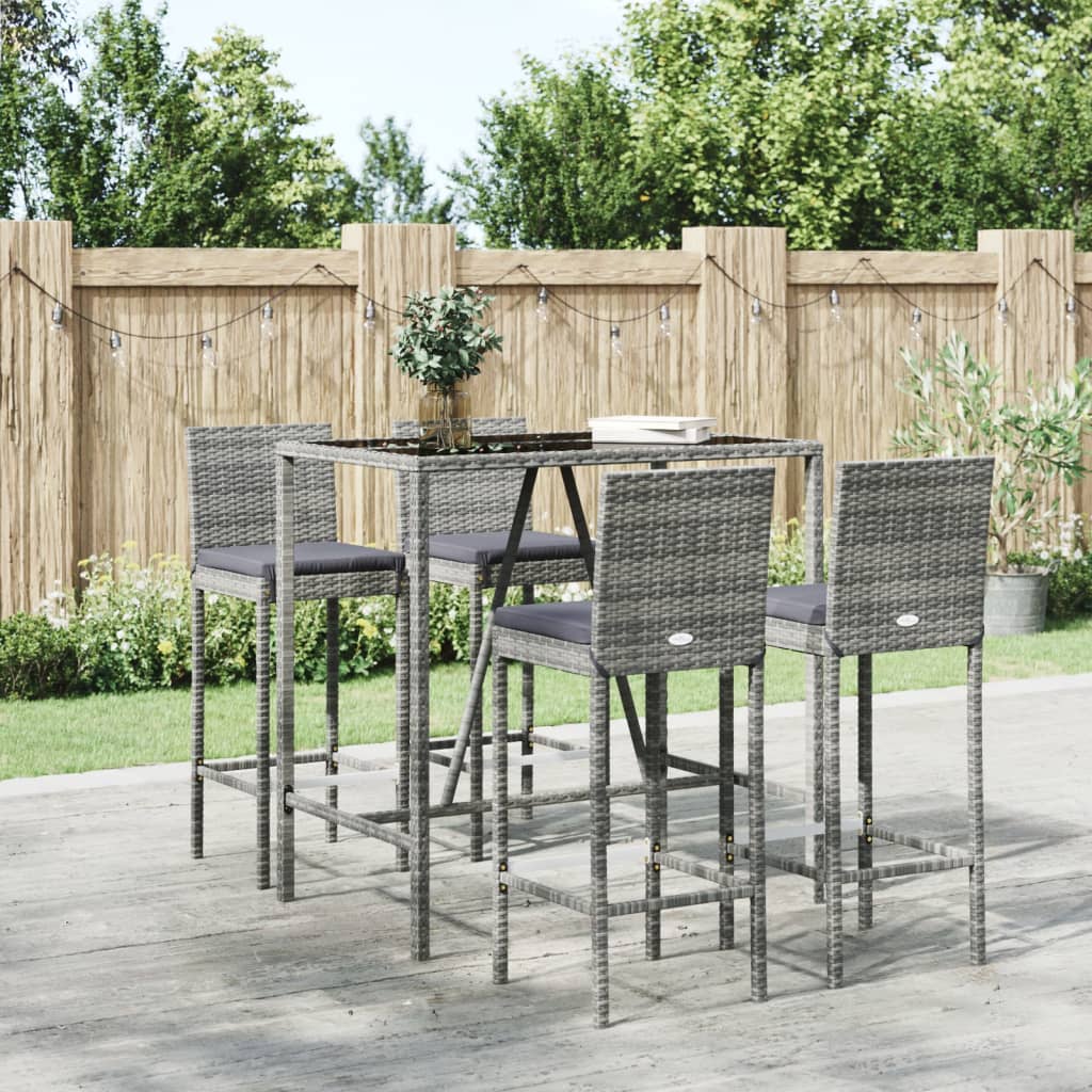 5 Pcs conjunto de bar p/ jardim c/ almofadões vime PE cinzento