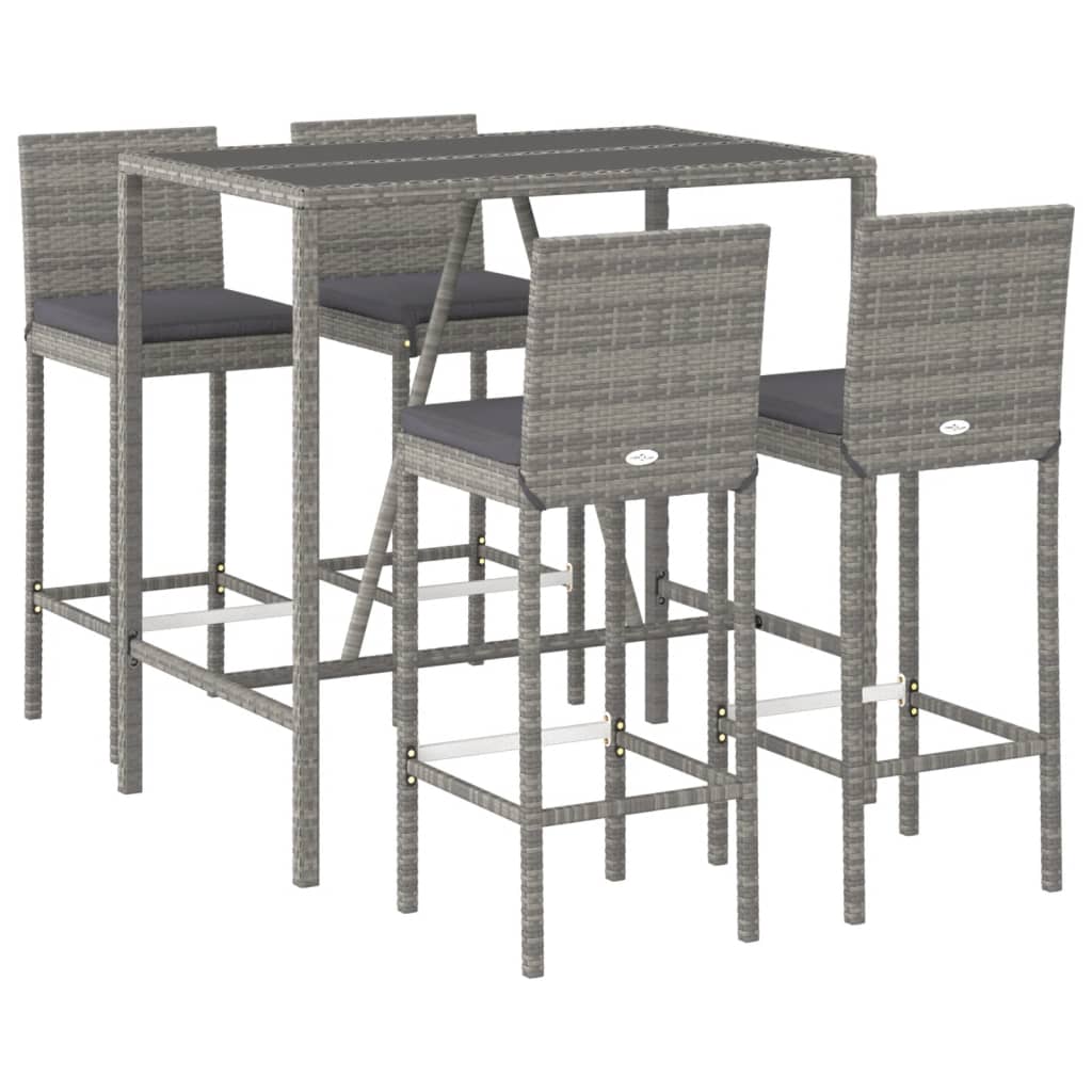 5 Pcs conjunto de bar p/ jardim c/ almofadões vime PE cinzento