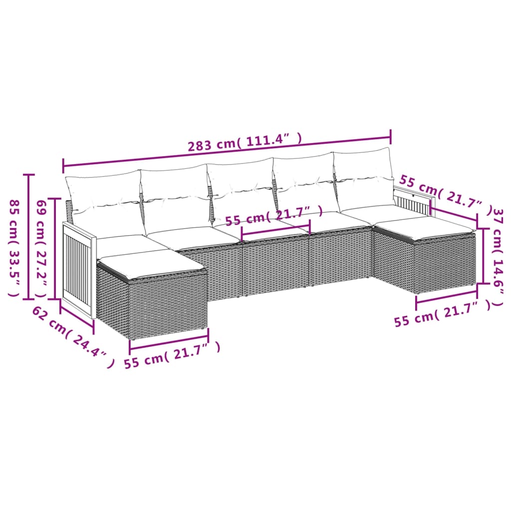 7 Pcs conjunto de sofás p/ jardim com almofadões vime PE bege