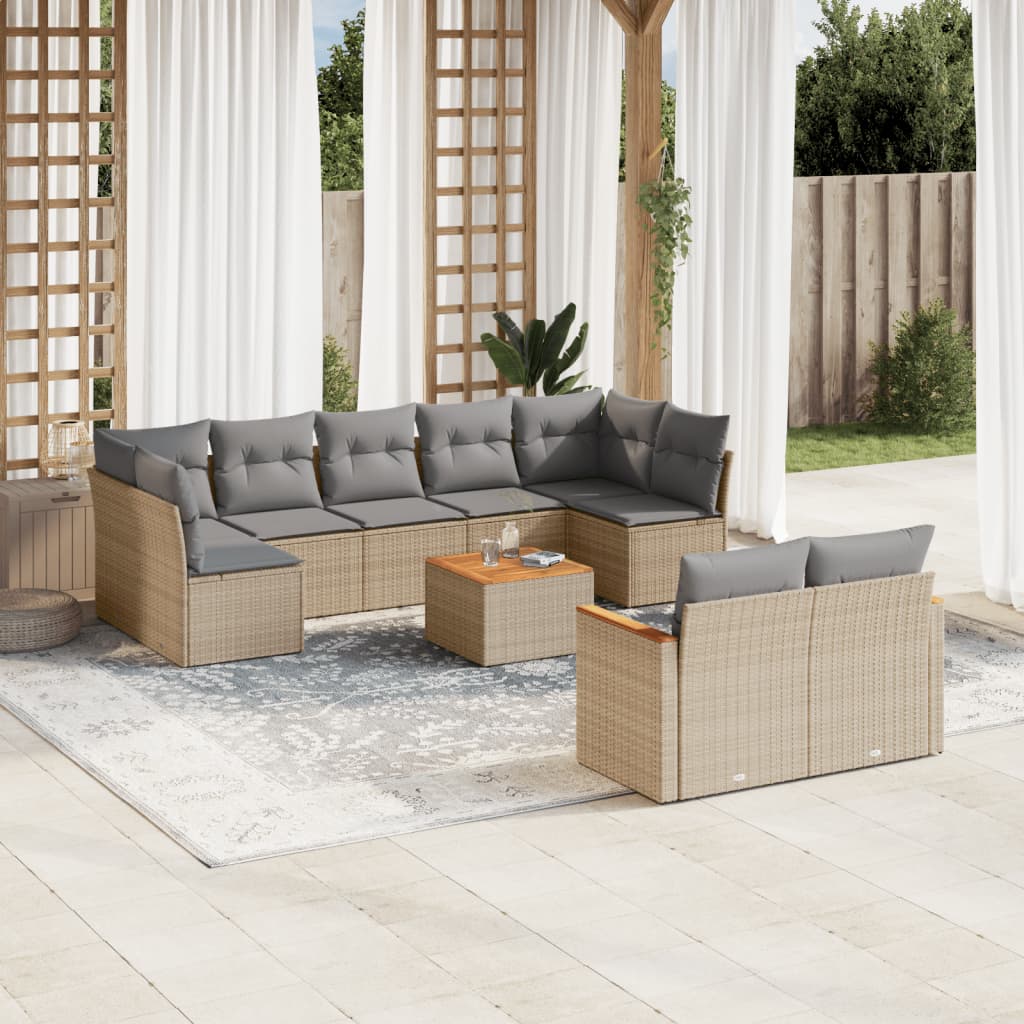 10 Pcs conjunto de sofás p/ jardim com almofadões vime PE bege