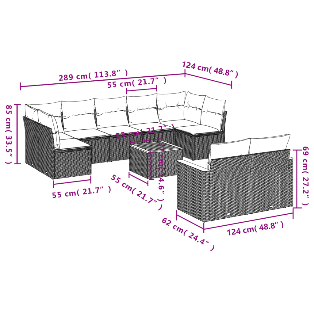 10 Pcs conjunto de sofás p/ jardim com almofadões vime PE bege