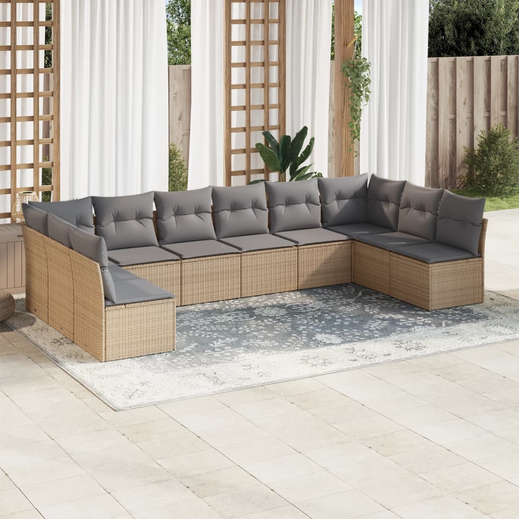 10 Pcs conjunto de sofás p/ jardim com almofadões vime PE bege