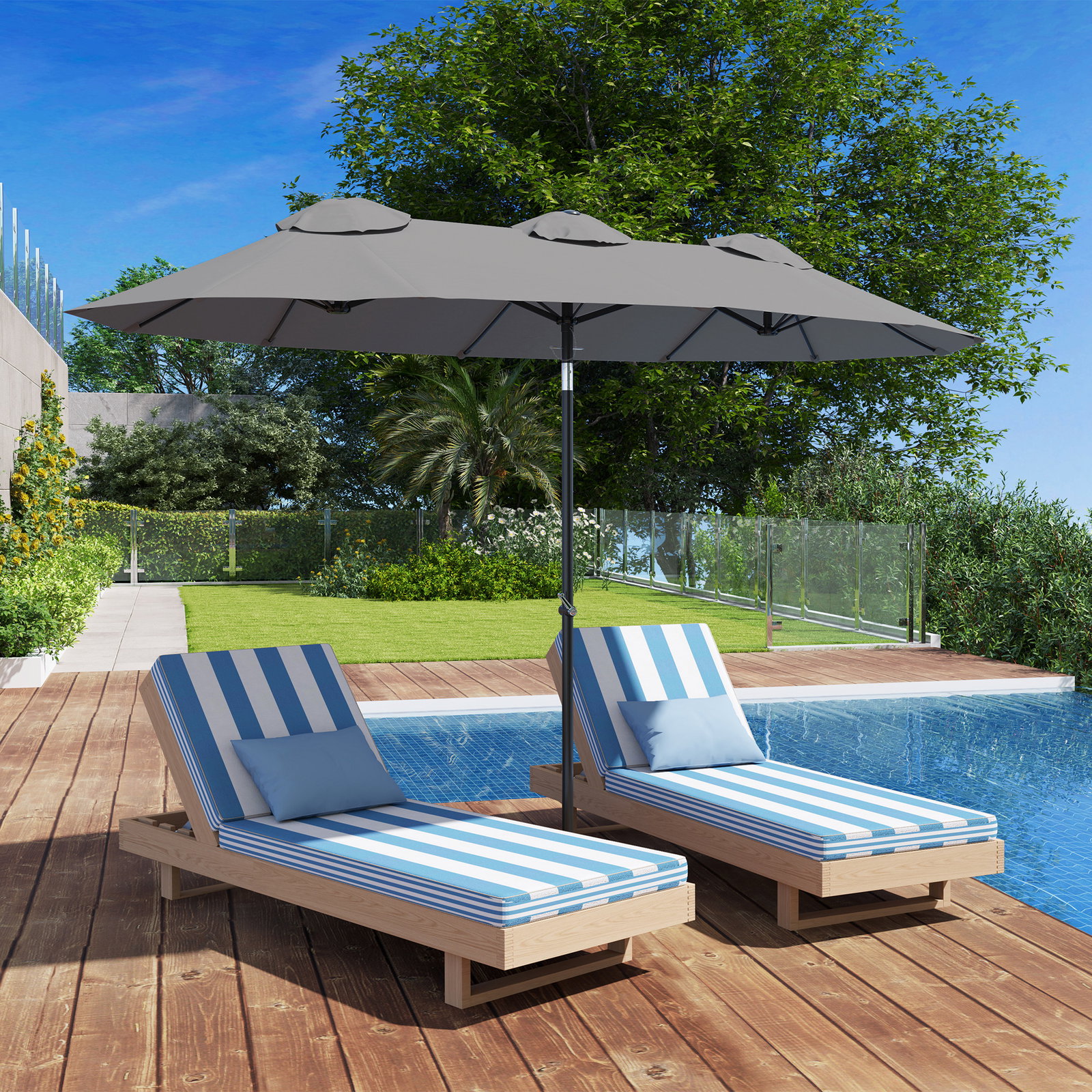 Chapéu de sol duplo chapéu de sol de jardim com inclinação de 45° manivela estrutura de aço 295x152x222 cm cinza