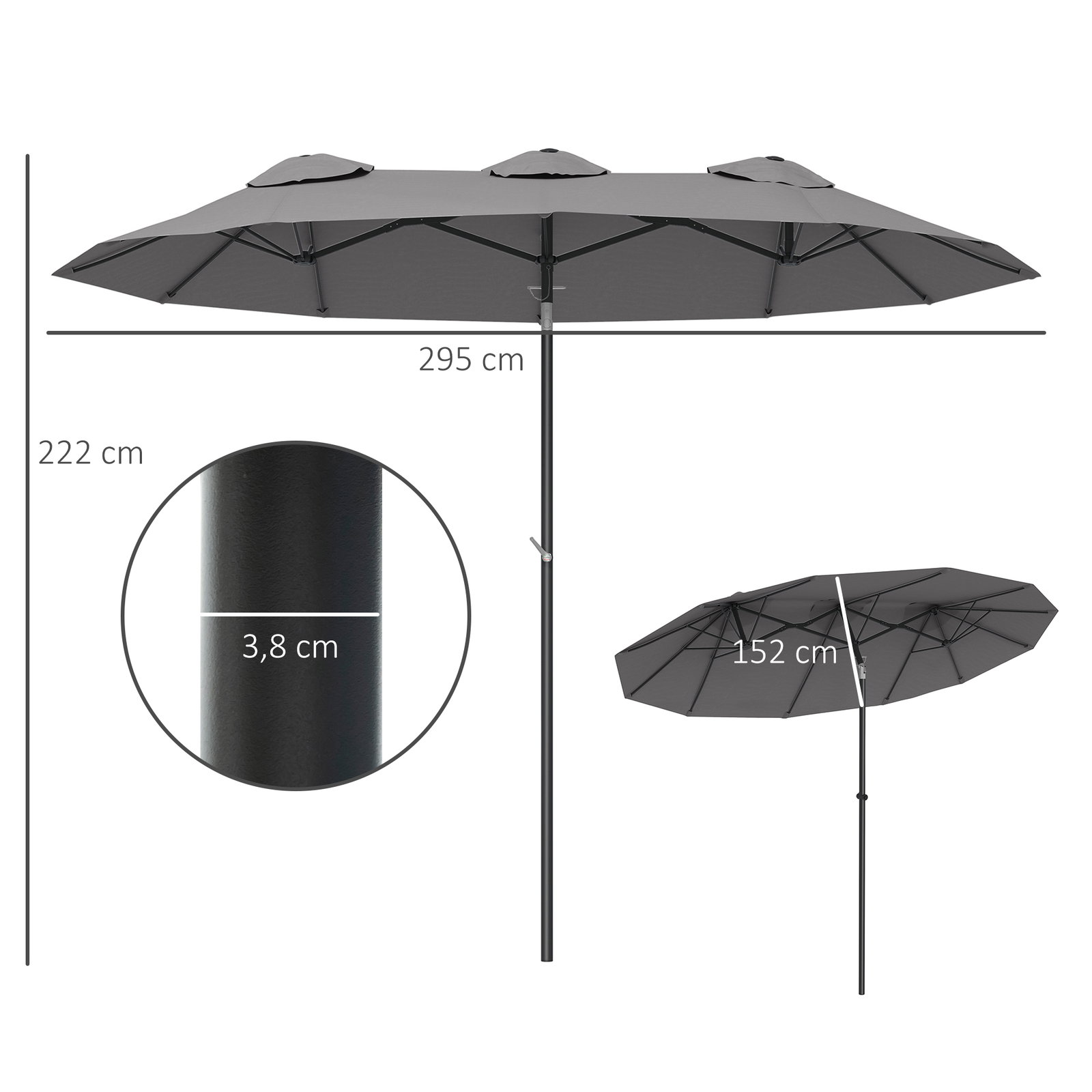 Chapéu de sol duplo chapéu de sol de jardim com inclinação de 45° manivela estrutura de aço 295x152x222 cm cinza