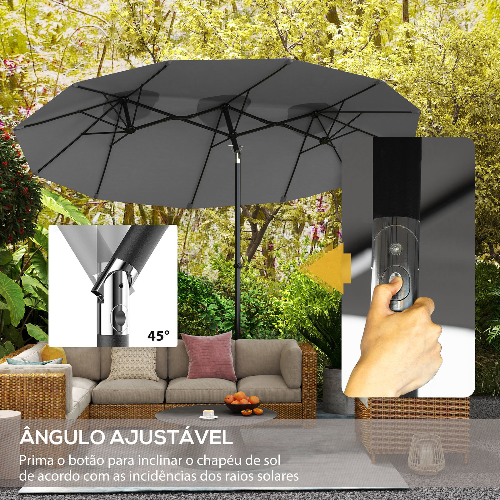 Chapéu de sol duplo chapéu de sol de jardim com inclinação de 45° manivela estrutura de aço 295x152x222 cm cinza