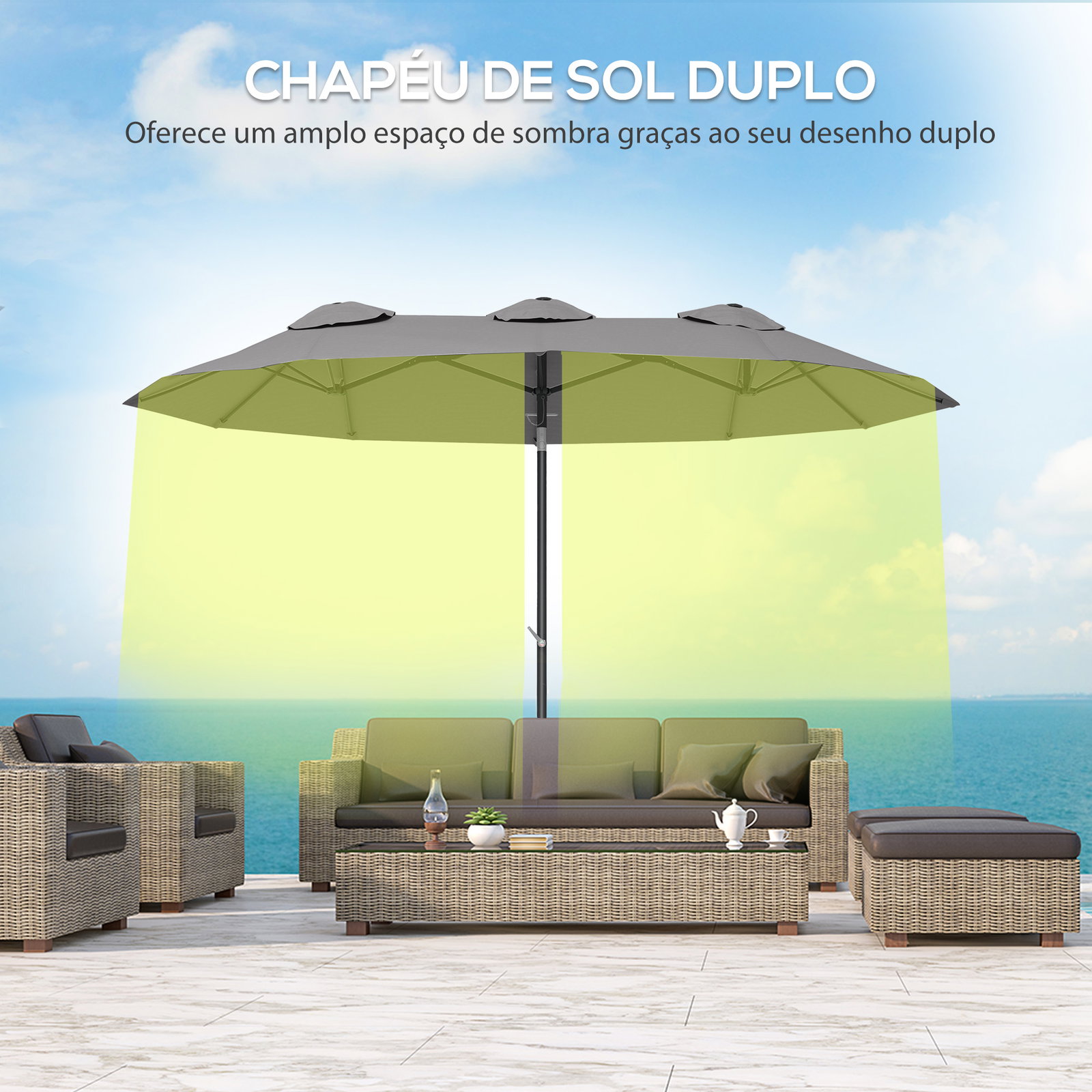 Chapéu de sol duplo chapéu de sol de jardim com inclinação de 45° manivela estrutura de aço 295x152x222 cm cinza